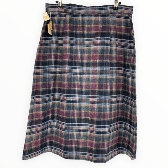 70’s Vintage Wool Blend Blue Purple Plaid Midi Skirt Deadstock Waist size 32 - Picture 1 of 11